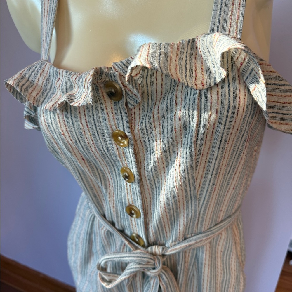 Skies Are Blue Striped Jumpsuit with Ruffle Detail